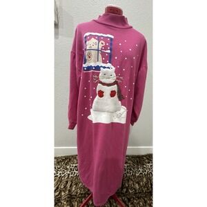 Vintage Cat Pajama Dress 90s Nightie Fuzzy Kitten Snowman Pink‎ Nightgown